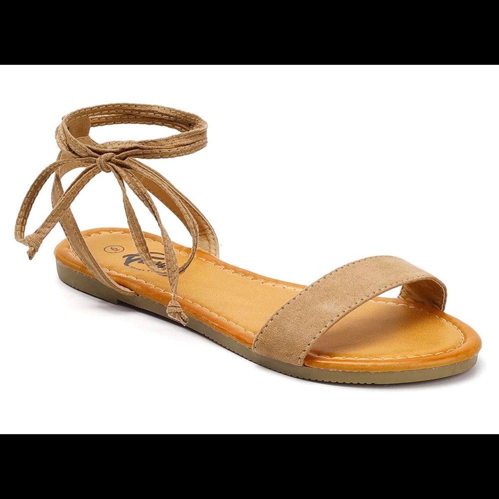 Open Toe Tie Up Ankle Wrap Flat Sandals Tan size 8